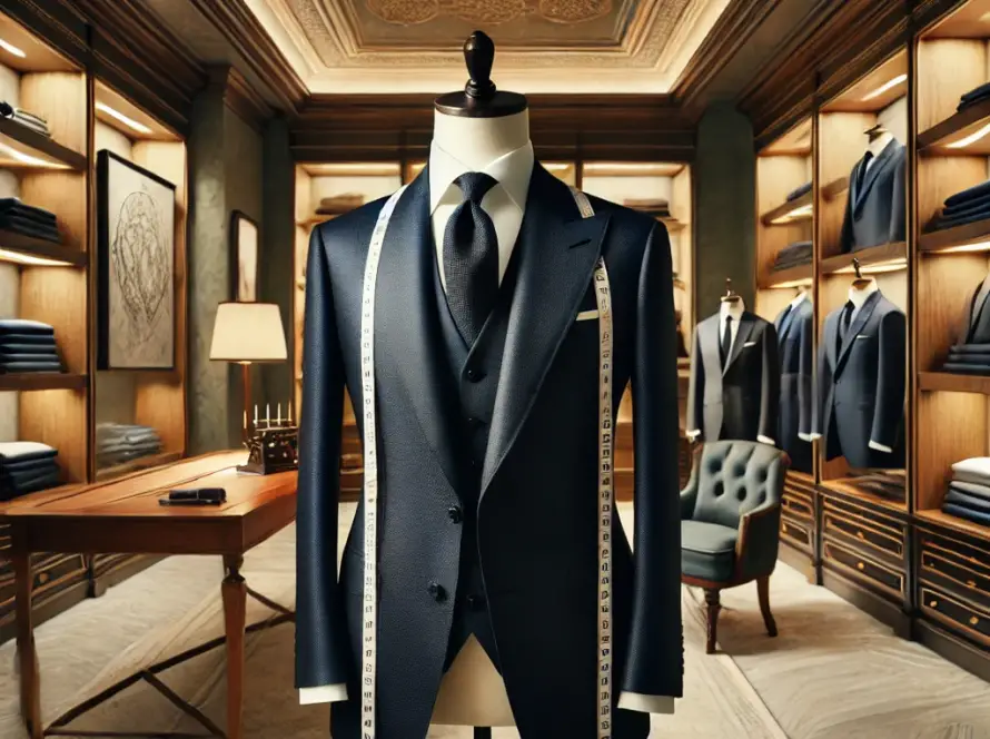 Dall·e 2025 01 24 17.07.01 A Luxurious Custom Made Suit Displayed On A Mannequin In An Elegant Boutique Setting. The Suit Is A Classic Two Piece In Deep Navy Blue With Sharp Tai